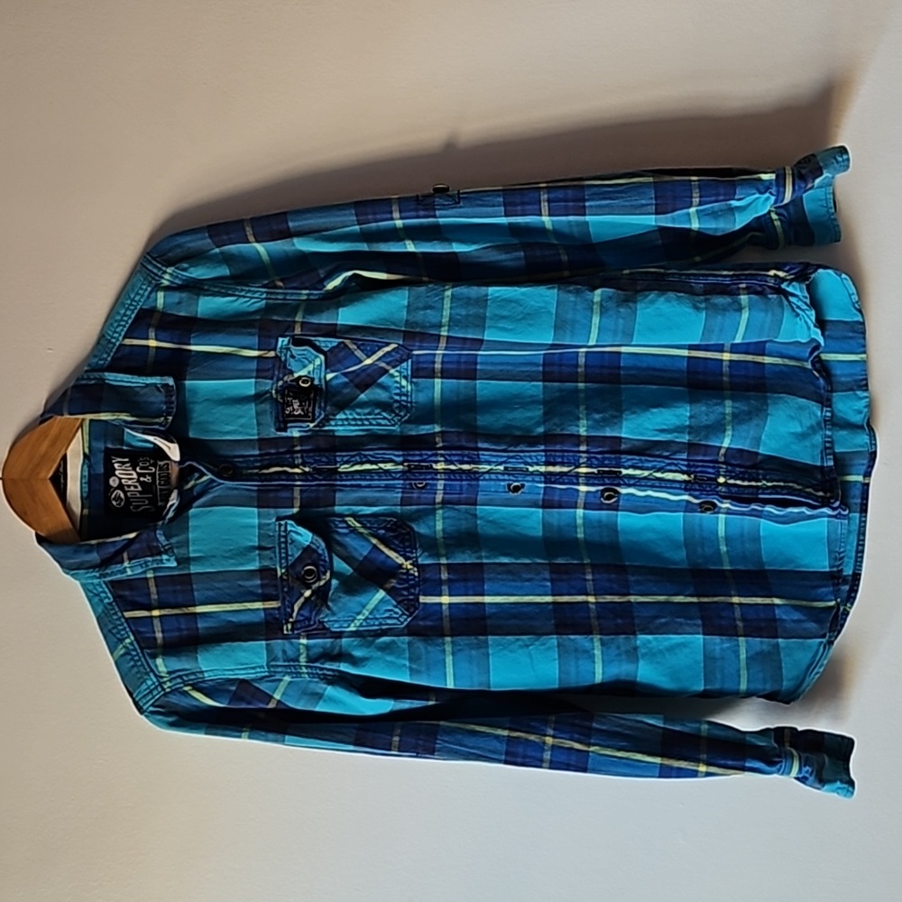 SuperDry Blue Plaid Women's Medium Button Down 100% Shirt